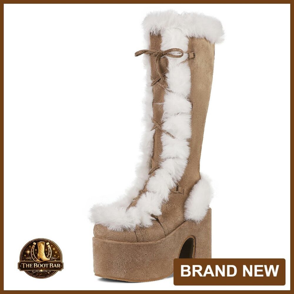 Women's Chunky Heel Platform Boots, Faux Suede, Lace Up & Side Zip